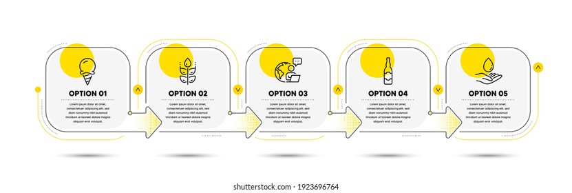 Water care, Gluten free and Ice cream line icons set. Timeline process flowchart. Beer bottle sign. Aqua drop, Bio ingredients, Sundae cone. Craft beer. Food and drink set. Vector