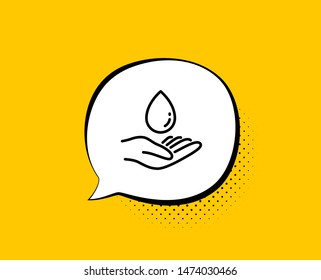 Water care line icon. Comic speech bubble. Clean aqua drop sign. Hand symbol. Yellow background with chat bubble. Water care icon. Colorful banner. Vector