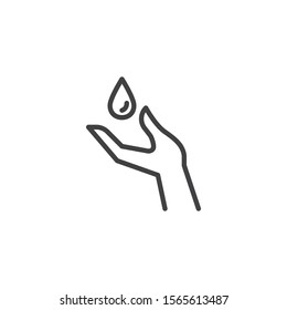 Water care line icon. linear style sign for mobile concept and web design. Hand and water drop outline vector icon. Symbol, logo illustration. Vector graphics