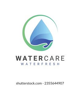 Water Care Logo Design Water Drop with Hand Care Logotype