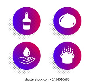 Water care, Macadamia nut and Scotch bottle icons simple set. Halftone dots button. Cooking hat sign. Aqua drop, Vegetarian food, Brandy alcohol. Chef. Food and drink set. Vector