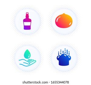 Water care, Macadamia nut and Scotch bottle icons simple set. Button with halftone dots. Cooking hat sign. Aqua drop, Vegetarian food, Brandy alcohol. Chef. Food and drink set. Vector