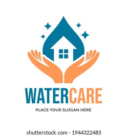 Water care vector logo template. This design use drop and hand symbol. Suitable for home care.