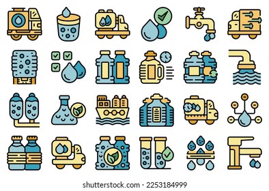 Water carrier icons set outline vector. Drink tank. Pipe truck color line flat isolated on white