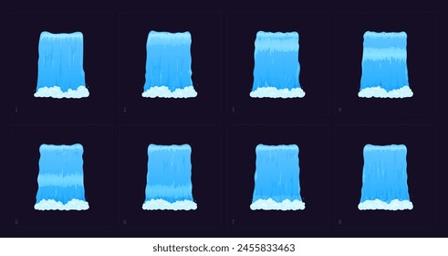 Water cascade waterfall sprite sheet animation. Cartoon vector falling aqua jets with drops for game motion effect. Sequence frame, 2d liquid splash animated design elements, fx spritesheet streams