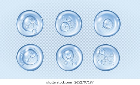 Queda de células de água. Colágeno cutâneo 3D. Humidade molecular do soro. Loção de cuidados de saúde. Estrutura médica abstrata. Essência de hidratação. Átomo no líquido. Tratamento cosmético. Conjunto de gotas de gel hialurônico vetorial