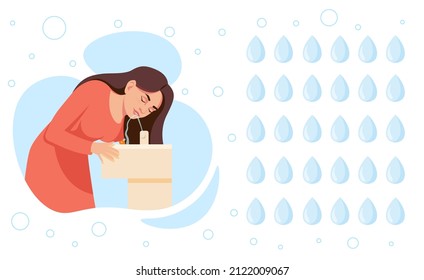 Water challenge concept. Girl next to glasses with liquid. Taking care of health, diet and simple scheduling for your daily routine. Attractive woman in bath. Cartoon flat vector illustration