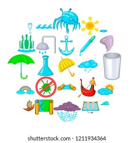 Water channel icons set. Cartoon set of 25 water channel vector icons for web isolated on white background