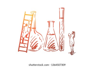 Water, chemical, science, lab, scientific concept. Hand drawn chemists work with water in tubes concept sketch. Isolated vector illustration.