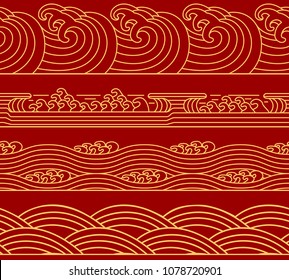 Water Chinese Sea collection, ocean waves theme, trendy retro seamless horizontal pattern. Asian Japanese style for design. Vector illustration