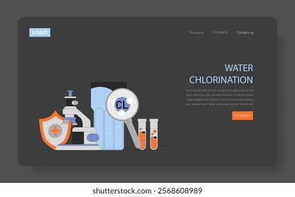 Water chlorination concept. Safe drinking water purification process with chemical treatment. Microscope, protective shield, magnifying glass, test tubes. Vector illustration.