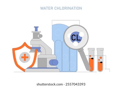 Water chlorination process concept. Illustration of water treatment via chlorination, showcasing a microscope, chemical test tubes, and shield with plus symbol. Vector illustration.