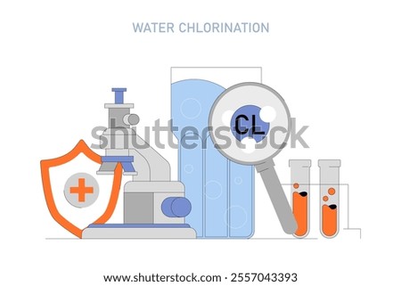 Water chlorination process concept. Illustration of water treatment via chlorination, showcasing a microscope, chemical test tubes, and shield with plus symbol. Vector illustration.