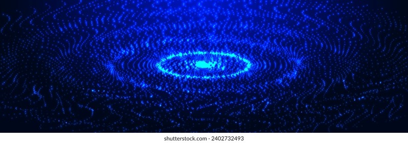 Water circle ripples particles background. Oscillating sound waves or signal. Dot glowing digital wave.