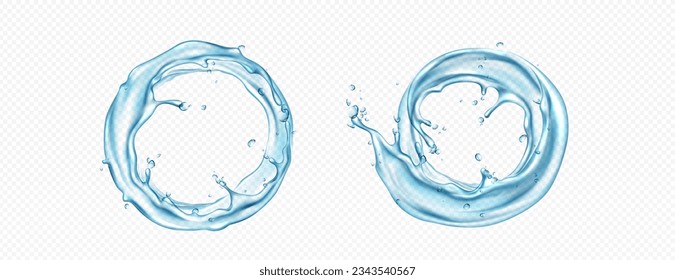 Der Wasserkreis spritzt und rundet den realistischen 3D-Vektorrahmen ab. Flüssige Wasserwelle mit Tropfen und Blase im Ringfluss. Mineral klare blaue Stream-Grafik-Design mit Bewegung. Frischschaumstoffe