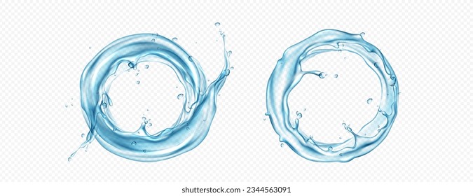 Water circle splash and round swirl realistic 3d vector frame. Liquid aqua wave with drop and bubble in ring flow. Mineral clear blue stream graphic design with motion. Fresh sparkling whirl texture