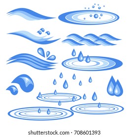 Water. Circles. Rain. Waves. Splash, drops of water. Blue pattern on white background. Logo, sign, symbol, icon. Set.