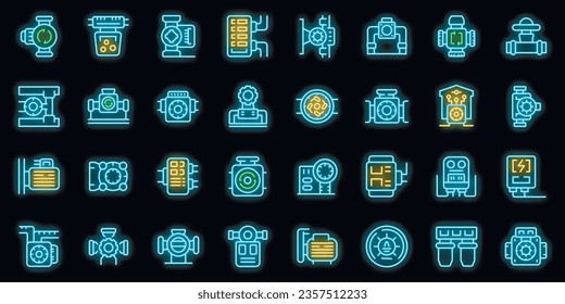 Water circulation pump icons set outline vector. Treatment station. Plant tank neon color on black