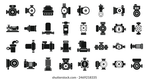 Water circulation pump icons set vector. A collection of black and white icons of various plumbing and electrical equipment. The icons are arranged in a grid, with some overlapping each other