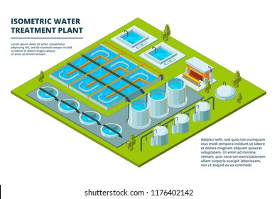 Fábrica de limpieza de agua. Tratamiento de aguas residuales purificación de la industria de riego de sistemas y procesos de imágenes isométricas vectoriales. Pureza y purificación del almacenamiento, reciclado de la ilustración industrial del agua