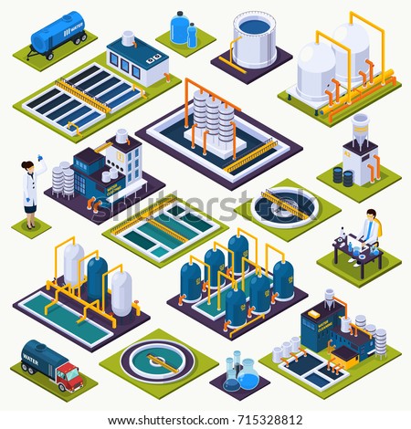 Water cleaning set of isometric icons with facilities of purification plant, laboratory test, transportation isolated vector illustration  