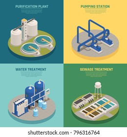 Water cleaning systems 4 isometric icons square with purification plant and sewage treatment background isolated vector illustration  