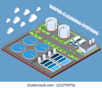 Sistemas de limpieza del agua composición isométrica con instalaciones de tratamiento industrial y coches de entrega en ilustración vectorial de fondo azul