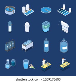 Water cleaning systems isometric icons with industrial purification equipment and home filters blue background isolated vector illustration