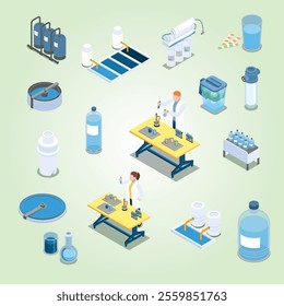 Water cleaning systems isometric icons with industrial purification equipment and home filters blue isolated vector illustration