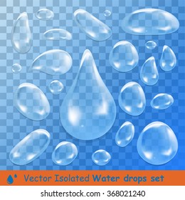 Water clear drops realistic set isolated vector illustration.Vector illustration of blue  water drops.
