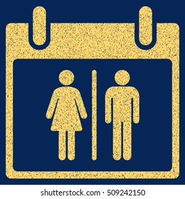 Water Closet Calendar Day grainy textured icon for overlay watermark stamps. Flat symbol with dirty texture. Dotted vector yellow ink rubber seal stamp with grunge design on a blue background.