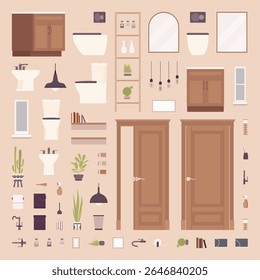 Water closet toilet room furniture items, decor home objects pack. Stylish bathroom set and lavatory storage, modern apartment wc zone planning and designing. Vector illustration on beige background