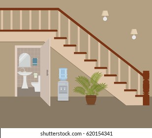 Water closet under the stairs. There is a wash basin, a toilet, a mirror and other objects in the picture. There is also a water cooler and a flower in the pot. Vector flat illustration.