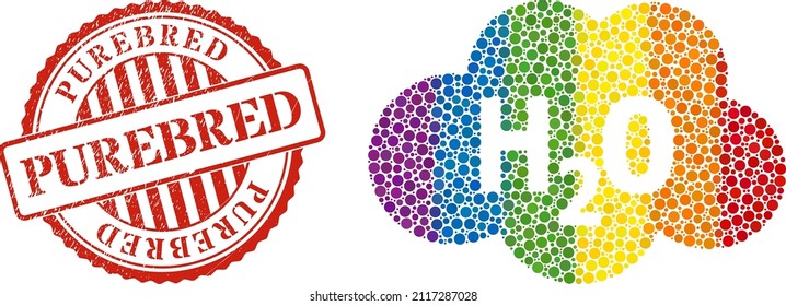 Water cloud mosaic icon of circle spots in various sizes and rainbow colored shades. Red rounded rubber seal imprint with Purebred phrase. A dotted LGBT- colored water cloud for lesbians, gays,