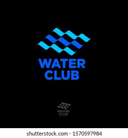 Water club logo. Abstract blue waves. Swimming pool emblem. Diving club. Water spa.