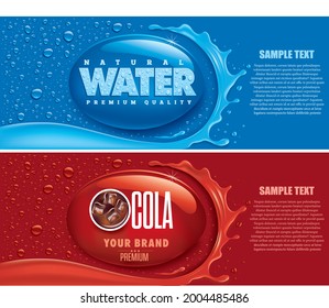 water and cola splash with many drops and place for text	
