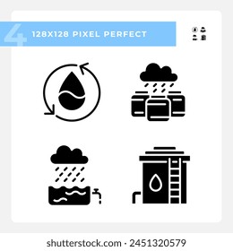 Water collection black glyph icons set on white space Water conservation and reuse. Resource management. Silhouette symbols. Solid pictogram pack. Vector isolated illustration. Pixel perfect