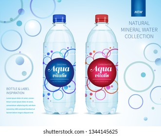 Water collection. Bottle and label vector. Concept and package design.