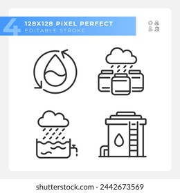 Water collection linear icons set. Water conservation and reuse. Resource management. Customizable thin line symbols. Isolated vector outline illustrations. Editable stroke. Pixel perfect