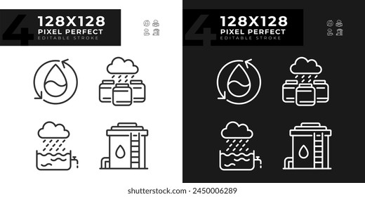 Water collection linear icons set for dark, light mode. Water conservation, reuse. Resource management. Thin line symbols for night, day theme. Isolated illustrations. Editable stroke. Pixel perfect