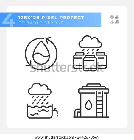 Water collection linear icons set. Water conservation and reuse. Resource management. Customizable thin line symbols. Isolated vector outline illustrations. Editable stroke. Pixel perfect