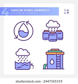 Conjunto de iconos de color RGB de colección de agua. Conservación y reutilización del agua. Gestión de recursos. Ilustraciones vectoriales aisladas. Colección de planos de líneas rellenas simples. Trazo editable. Píxel perfecto