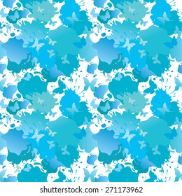 Water color blue grunge seamless background with butterflies drops and blots. Summer season pattern