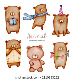 Water color cartoon animal set for stickers and emoji avatars of tropical and forest characters isolated on white background. Cute animals Pig and Bear character