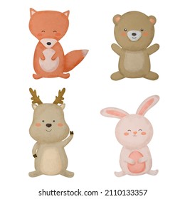 Water color cartoon animal set for stickers and emoji avatars of tropical and forest characters isolated on white background. Cute animals fox, bear, deer, rabbit character