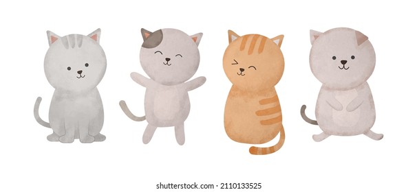 Water color cartoon animal set for stickers and emoji avatars of tropical and forest characters isolated on white background. Cute animals cat character