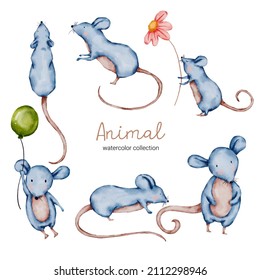 Water color cartoon animal set for stickers and emoji avatars of tropical and forest characters isolated on white background. Cute animals Rat character