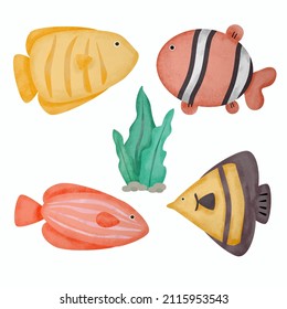 Water Color Cartoon Animal Set For Stickers And Emoji Avatars Of Tropical And Forest Characters Isolated On White Background. Cute Animals Fish Character