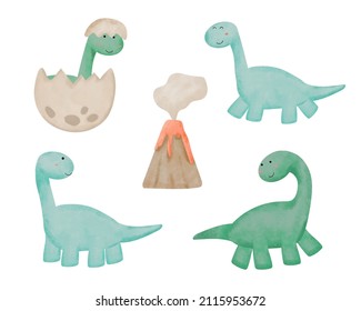 Water color cartoon animal set for stickers and emoji avatars of tropical and forest characters isolated on white background. Cute animals dinosaur character