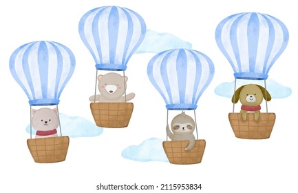Water color cartoon animal set for stickers and emoji avatars of tropical and forest characters isolated on white background. Cute animals cat, bear, sloth, dog character on balloon